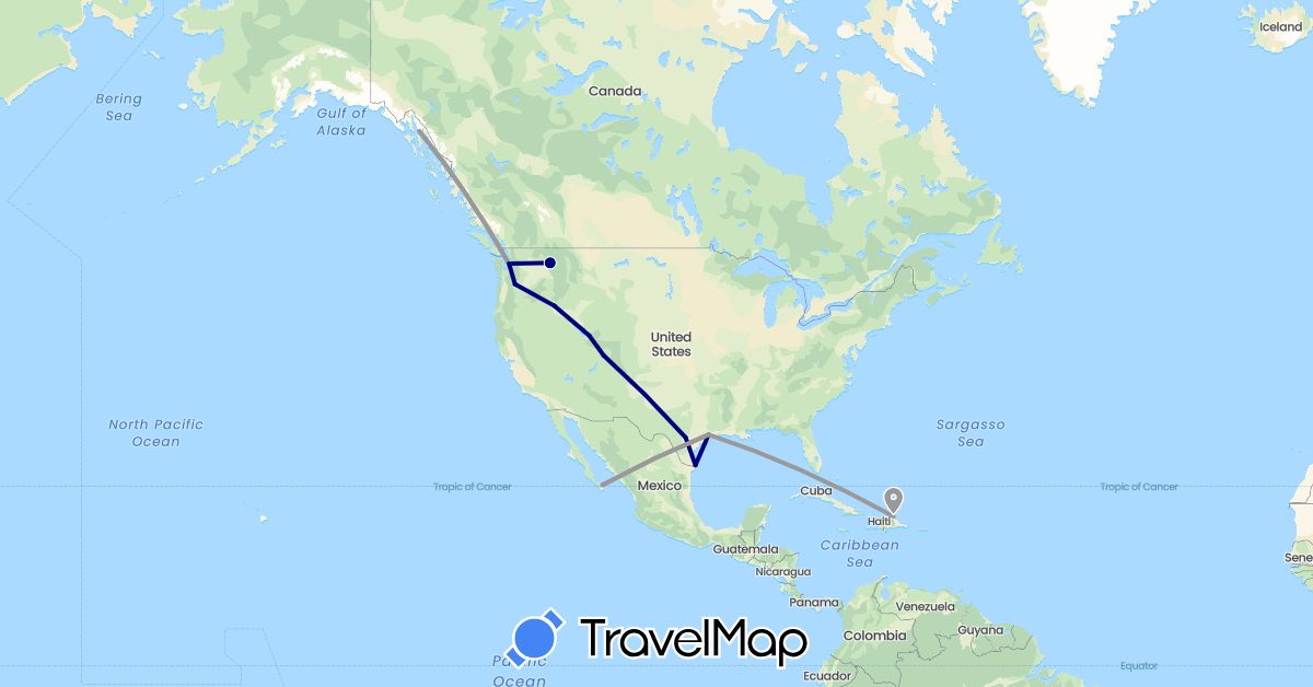 TravelMap itinerary: driving, plane in Dominican Republic, Mexico, United States (North America)
